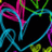 Animated pixel art with neon-colored lines forming abstract shapes and text on a black background.