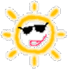 Three yellow sun-shaped icons with black sunglasses and pink mouths on a gray background, each displaying distinct ray arrangements.