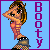 Pixel art contact sheet of an animated icon featuring a cartoon woman in various poses with vertical text "Booty" on the right side, displayed across 8 frames arranged in a 3x3 grid with one empty cell.