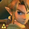 Close-up of a character with pointed ears, light brown hair, and blue eyes, wearing a green tunic with a golden Triforce symbol in the bottom-left corner.