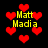 Pixelated red hearts float around yellow text reading 'Matt Madia' on a black background.
