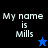 Four display 'My name is Mills' text with star symbols; top-left black background has blue star, bottom-left light blue background has black star, top-right and bottom-right dark blue backgrounds have white text