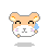 Pixel art hamster head with closed eyes, pink cheeks, and a blue sweat drop on the right side of its face.