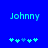 Blue background with cyan text 'Johnny' and five cyan plus symbols below, where the third symbol shifts from cyan to light blue between frames.