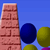 A pixelated vertical structure with horizontal lines on a blue background, accompanied by three colored spheres.