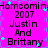 A static digital image with a bright pink background and blue star accents, displaying repeated text about 'Homcoming 2007 Justin And Brittany' in black pixelated font.