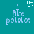 Pixelated light blue text 'I like potatoes' with a small crown above the 'i', and a pixelated heart symbol in the top center on a teal background.