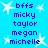 Blue background with white star shapes and blue text listing names in two