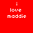 Red background with white pixelated text 'i love maddie' in four quadrants, one with blue gradient overlay.