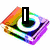 A rainbow-colored, layered square icon with a black vertical bar over a circular gradient center on white background.