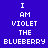 Pixelated text on a blue background with purple accent bars, displaying "I AM VIOLET THE BLUEBERRY" in white block letters across three