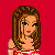 Pixelated character in red top and blue jeans with brown hair, shown from multiple angles on a solid red background.