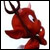 Red cartoon character with large white eyes, black curved horns, and a wide mouth, set against a plain white background.