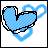 A 5x5 contact sheet of animated AIM buddy icons featuring blue heart motifs with text variations, each frame showing a static image of hearts and text on white background.