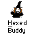 Pixelated witch icon with black hat and robe, brown hair, white face; text 'Hexed Buddy' below in two lines.
