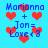 Blue background with red pixelated hearts and blue text reading 'Marianna + Jon = Love <3' in two identical sections.