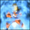 Animated sequence of a character with spiky yellow hair in an orange and blue outfit against a blue smoky background, showing sequential pose changes.