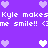 Purple background with repeated white and light purple pixelated hearts surrounding text reading "Kyle makes me smile!! <3" in two horizontal lines.