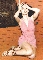 Pixelated static image of a cartoon woman in a pink dress kneeling on an orange floor with hands behind her head, against a dark brown wall.