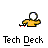 Pixelated character in yellow shirt with white circular head holding red and black object, text "Tech Deck" below.