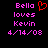 Pixelated text and a red heart symbol on black background, with pink text reading Bella loves Kevin 4/14/08.