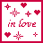 Pixel art of nine square with 'in love' text, hearts, and starbursts in red/pink tones on white backgrounds