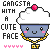 Pixel art cupcake character with blue face, white frosting top, pink cheeks, and gold chain necklace; text "GANGSTA WITH A CUTE FACE" above; "YT" below.