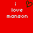 Red background with white pixelated text 'i love monson' and a black heart symbol above the word 'love'.