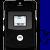 Pixelated black device with silver accents, a central screen showing a white pixelated shape, and a circular button below, set against a blue background.