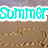 Beach scene with ocean waves and sand, featuring text elements 'Summer', 'is', and 'Here!' in distinct colors and styles.