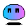 Pixelated blue-purple gradient blob character with black rectangular eyes and a small mouth, shown in three distinct expressions across a 2x2 contact sheet layout.