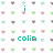 A static pixel art image with green text reading 'i love colin you' over a of small, blurred colored shapes