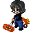 Pixel art character with gray hair and glasses holding a red tool, shown in four animation frames on a gray background.