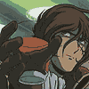 Anime-style character with brown hair and glasses, wearing dark armor with orange shoulder pads, holding a hand near their face in three sequential poses.