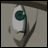 Anime-style character eye with green iris and black pupil, side view of face with visible eyelashes and eyebrow, adjacent to black background with white text.