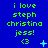 Blue background with green text reading 'i love steph christina jess!' and a heart symbol, featuring animated star-like elements in light blue.