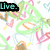 Pixelated abstract background with colorful scribbles and three text labels: 'Live.', 'Laugh.', and 'Love.' in different colors.