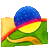 Pixelated landscape with blue sky, yellow sun, green hills, and orange-red horizon line on gray background.