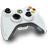 Pixelated white game controller with black analog sticks, D-pad, and central buttons, featuring colored action buttons on top against a gray background.
