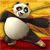 Pixelated panda in martial arts pose with extended arms, standing on red surface against yellow gradient background.
