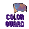 A 4-frame animated contact sheet showing a flag icon with 'COLOR GUARD' text, where the flag's position and orientation change across frames while the text remains static.