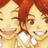 Pixelated image of two smiling anime-style characters with red hair sharing a kiss, one character holding a white heart-shaped object.
