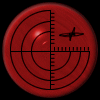 Red circular icon with black crosshair and concentric circles, featuring a small airplane symbol near the top-right quadrant.