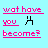 Pixelated static image with pink text and a black stick figure on light blue background, reading "wat have you become?"