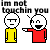 Pixelated animation of two stick figures in yellow and red shirts arguing over touching, with text overlays changing from denial to admission.