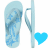 Light blue flip-flops with floral patterns and a single heart symbol in various colors on white background.