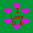 Green background with scattered pink hearts and red text reading "I Love D.R." in pixelated font.