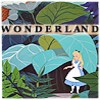 Alice in a blue-and-white dress stands under a large blue mushroom in a forest with green leaves and a 'WONDERLAND' banner above.