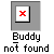 Static pixel art shows a red X on white background within black-bordered frame, gray outer square, and text 'Buddy not found' below.