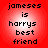 Red background with four identical pixelated text blocks reading "jameses is harrys best friend" in black font.
